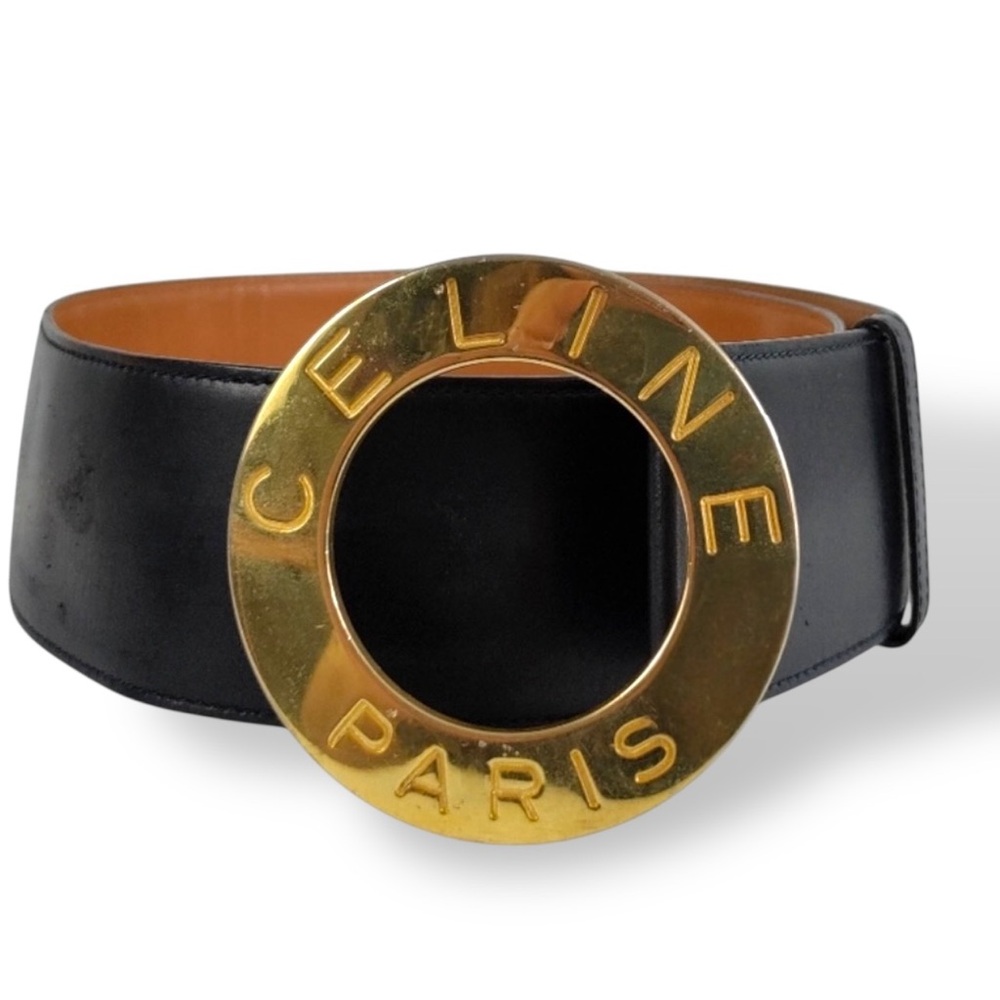 Vintage Celine Black Leather Belt with Gold Logo Circle Buckle size 70